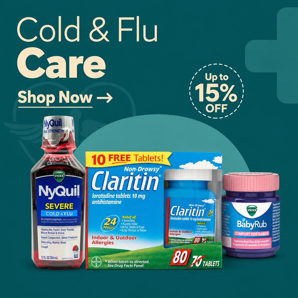 Cold and flu care offer — NyQuil, Claritin and Vicks BabyRub, up to 15% off