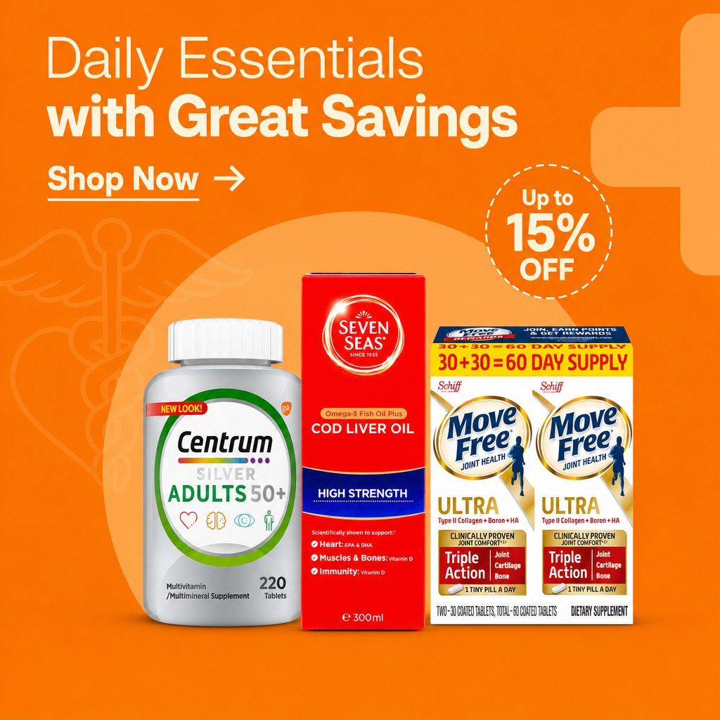 Daily essentials offer — Centrum, Seven Seas and Move Free, up to 15% off
